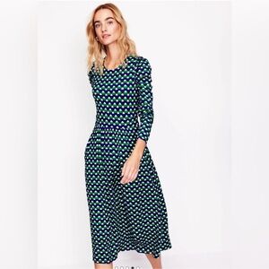 💚💙NWT Boden  Blue  Green & White Long Puff Sleeve Knit Geometric Print Dress 16